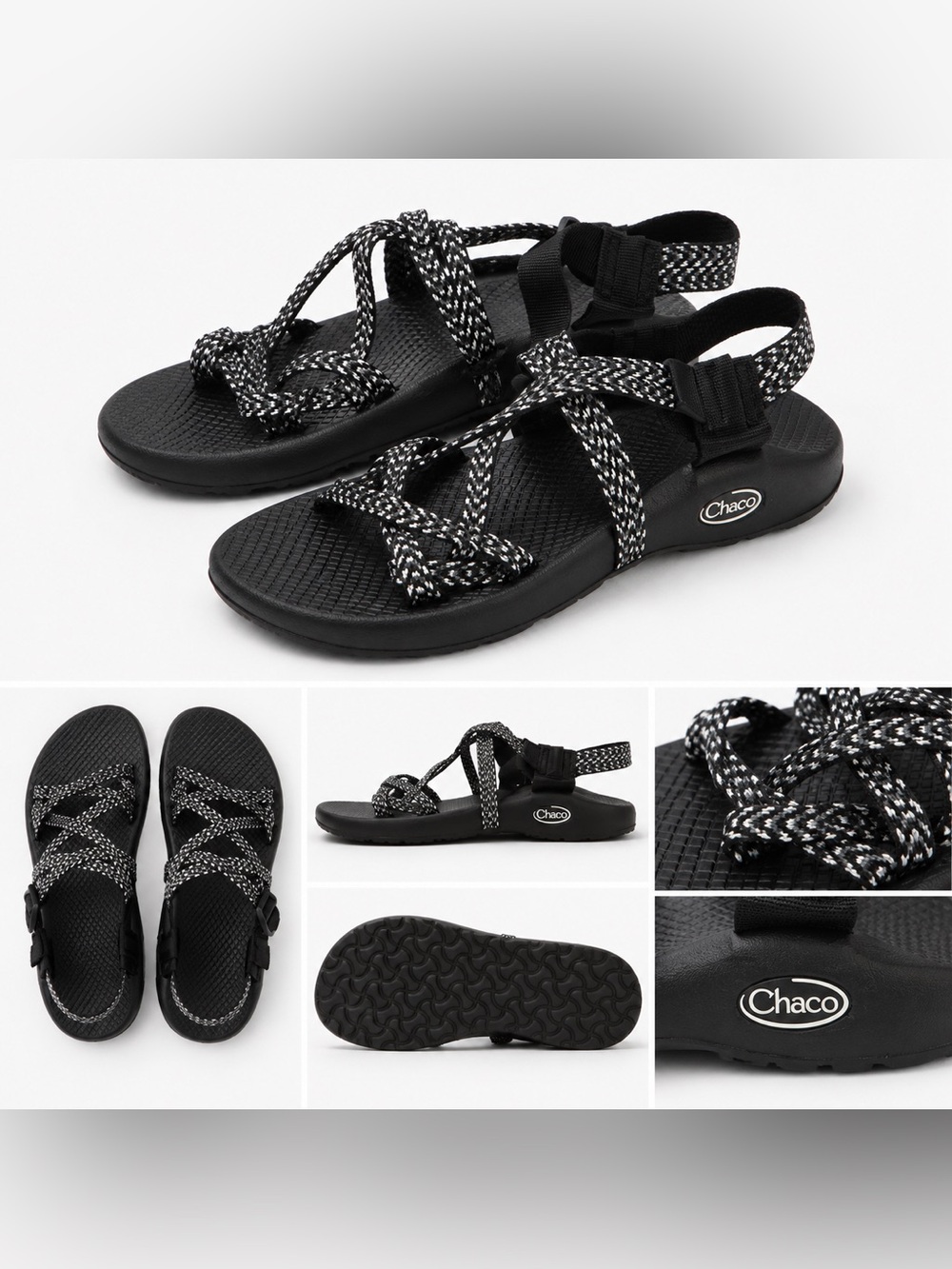 Chaco Black & White Braided Rope Sandals with Toe Loop